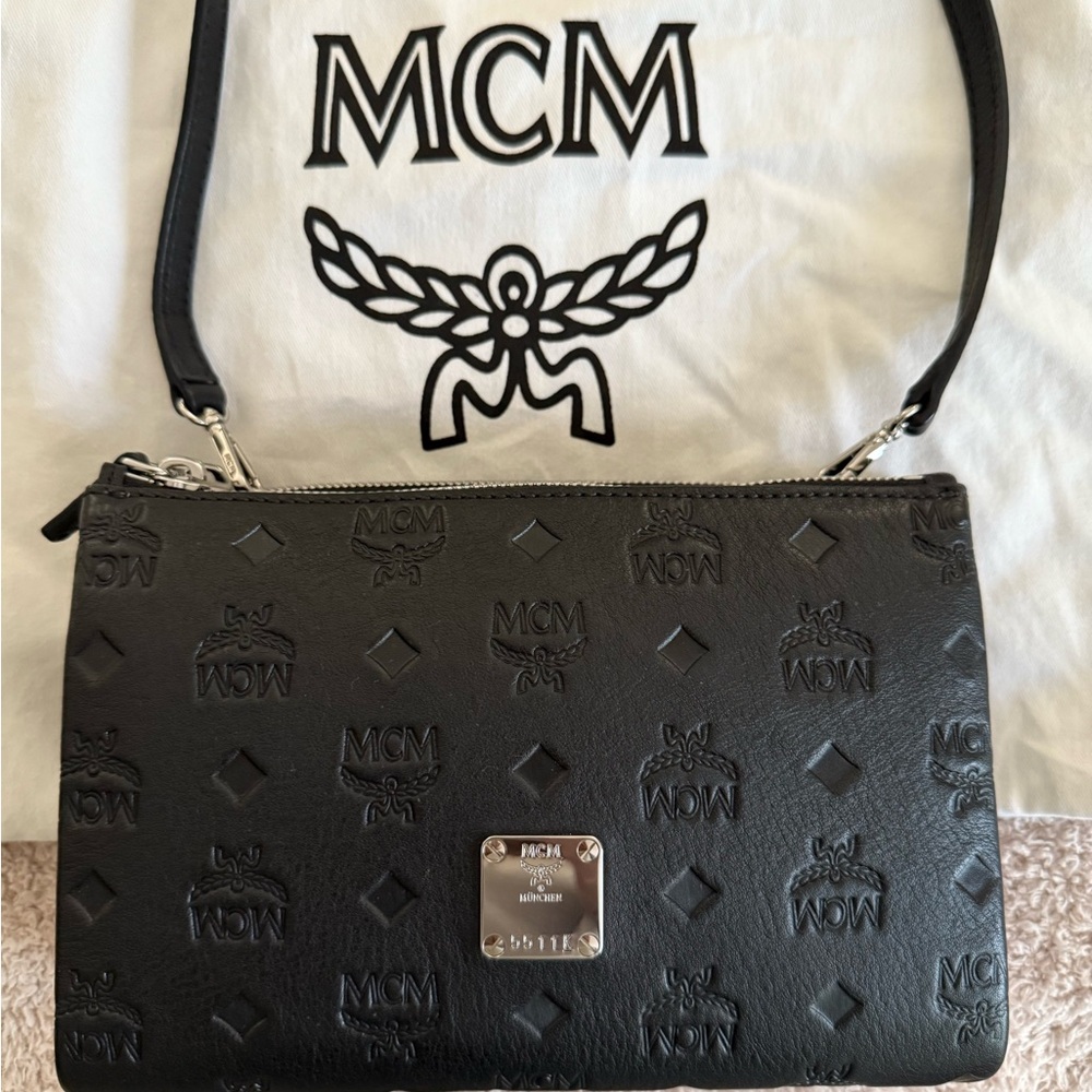 MCM monogram embossed leather small double zip crossbody with dust bag
